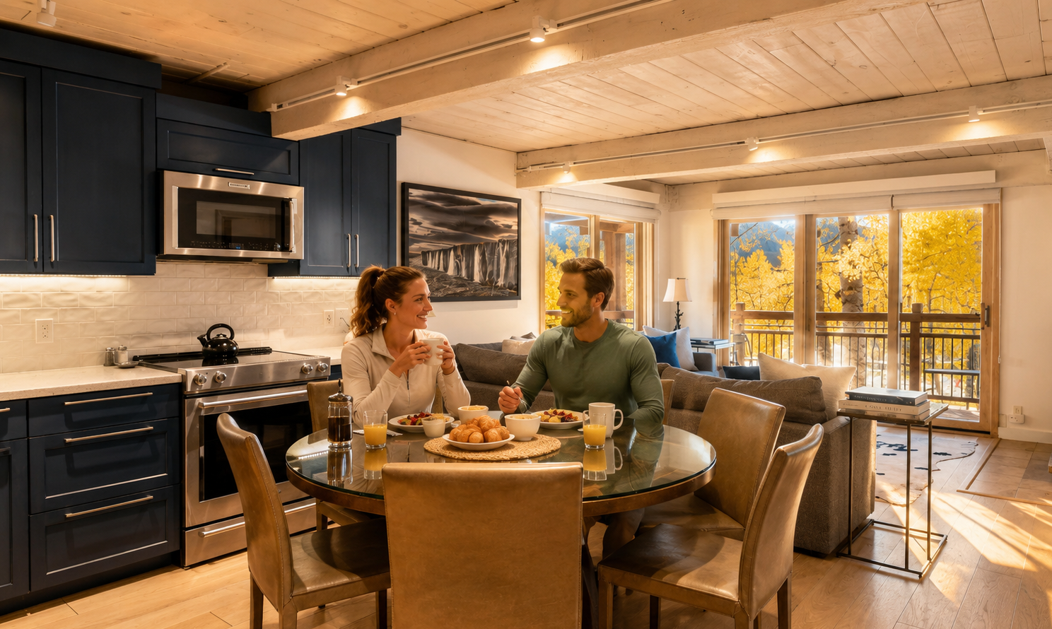 Couple eating breakfast in a Lift One condo with a bright fall scene outside the sliding glass door