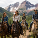 Family riding horses near Maroon Bells during summer vacation in Aspen / Snowmass