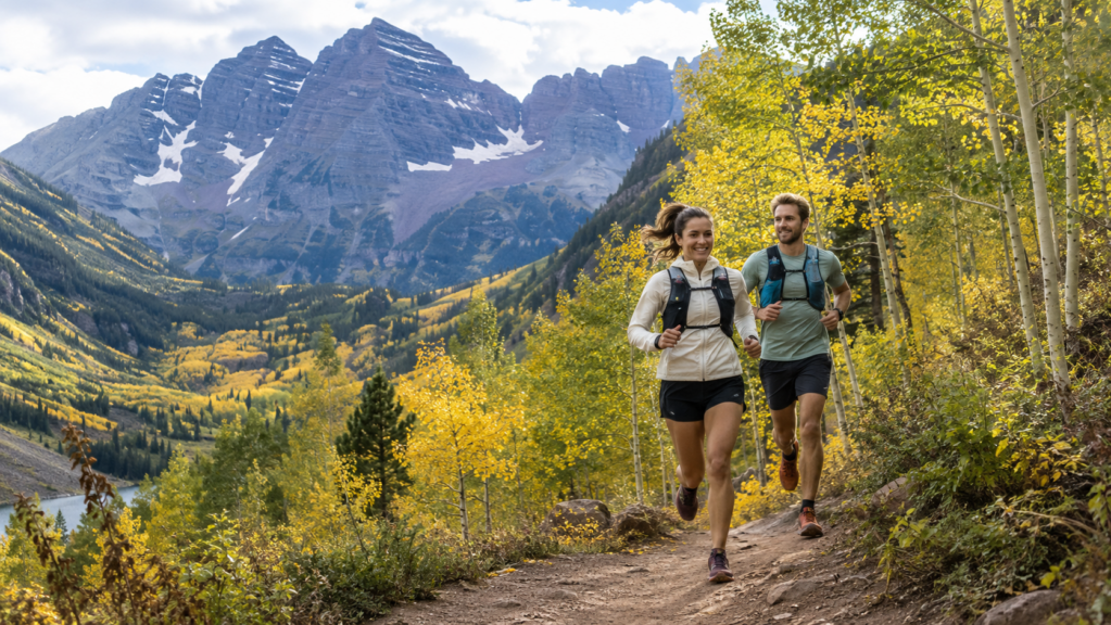 Couple trail running in the Aspen Trees in the season between summer and fall