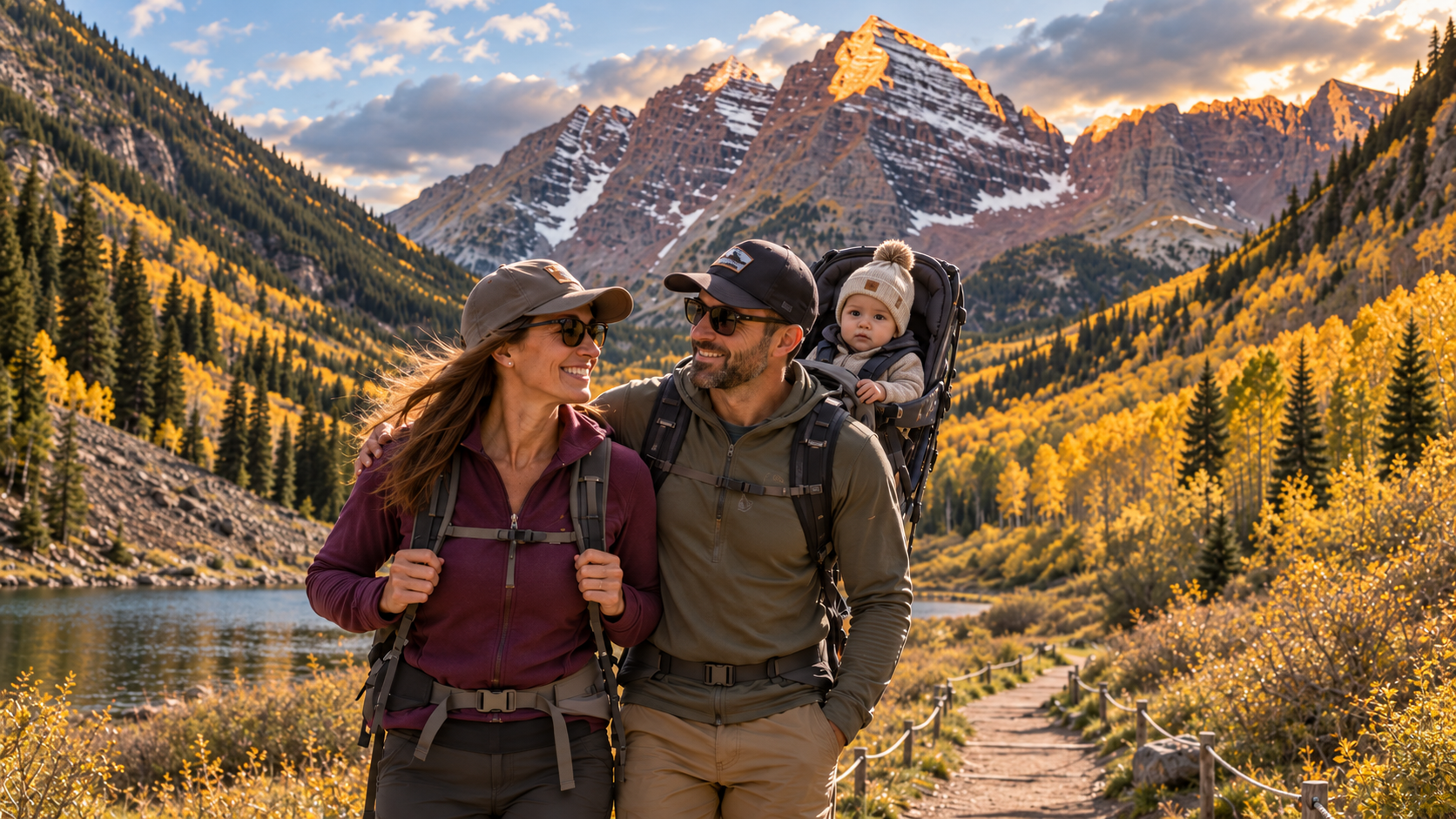 Couple with child on a trail in front of the Maroon Bells in the fall season Aspen, Colorado